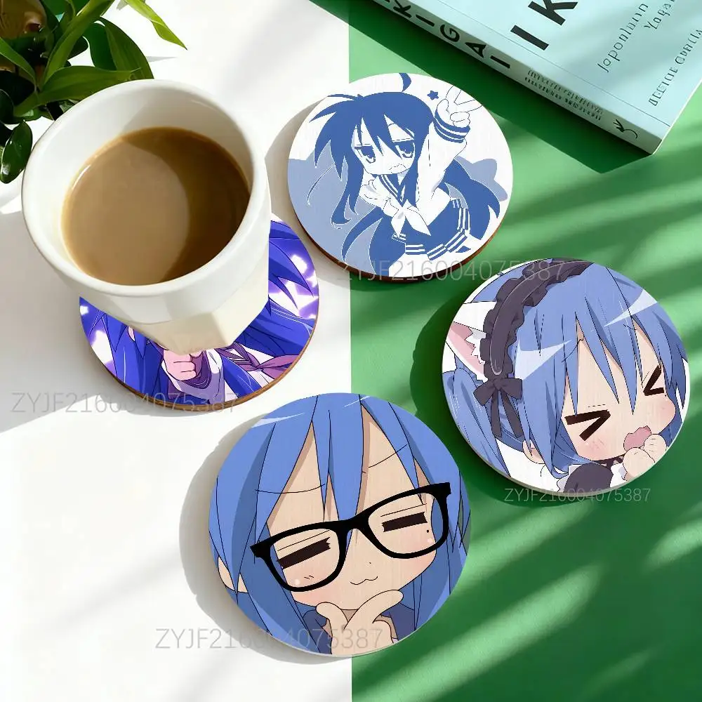 

I-Izumi Konata Lucky Star Anime Round Wooden Coasters For Cute Design Suitable for Drinks Tea,Coffee Home Perfect Gift Choice