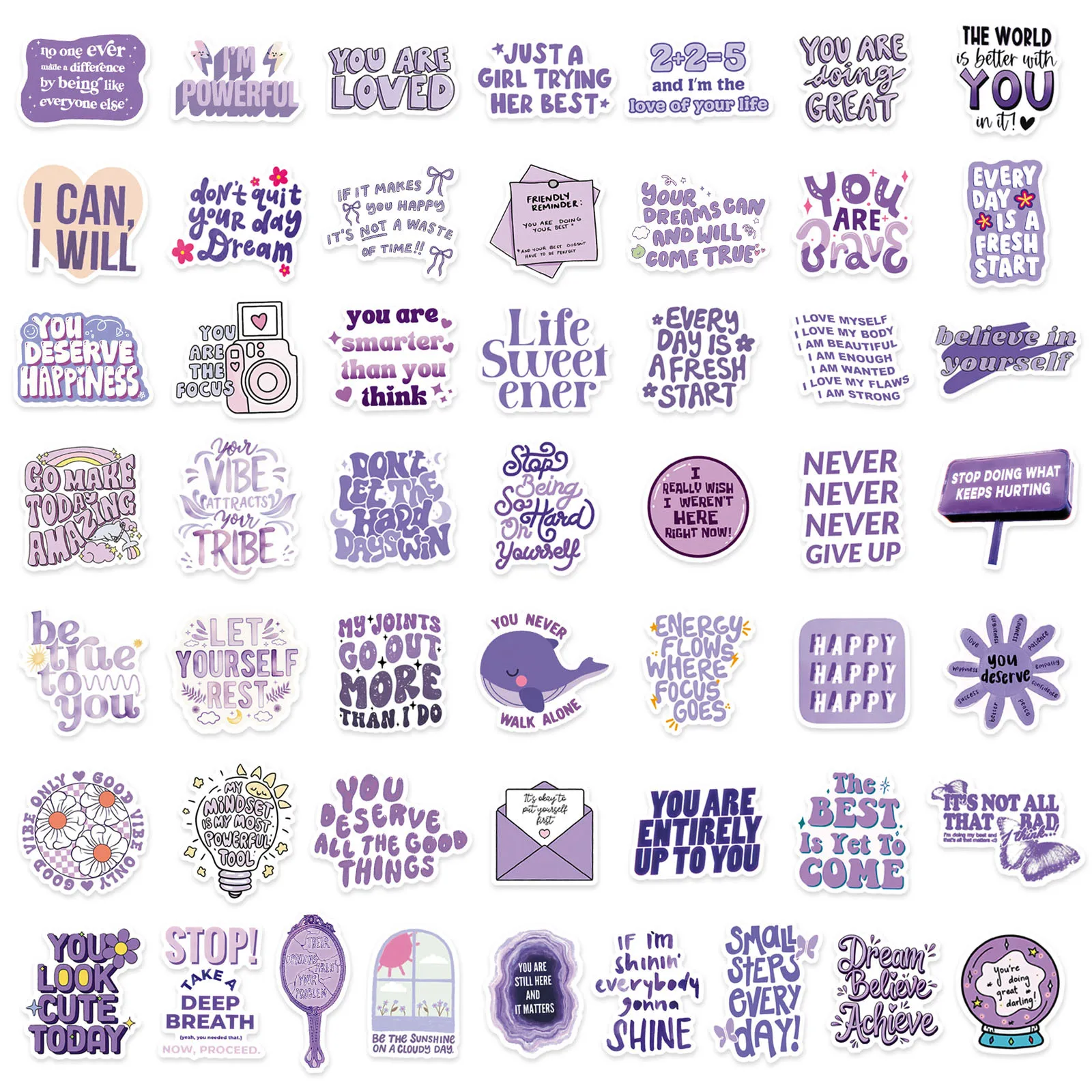 Autocollants imperméables avec texte inspirant violet, 50 pièces, Slogan anglais, Graffiti, décoration pour carnet de notes, valise, tasse d'eau, jouets de guitare