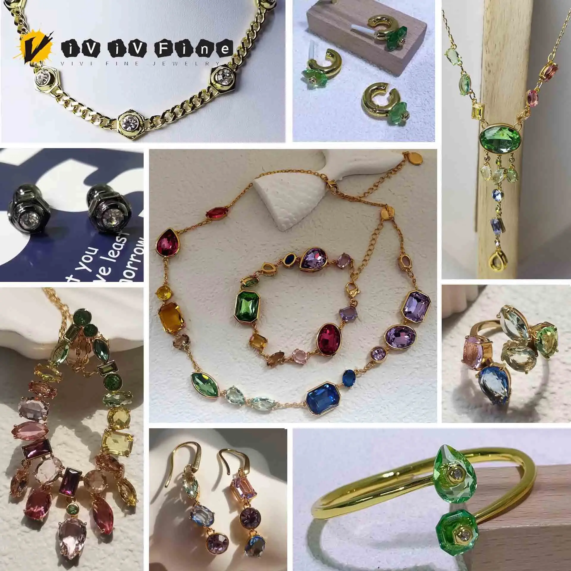 

New Trend Eye-Catching Sparkling Geometric Cut Green Crystal Fine Jewelry Set for Women Chain Necklace Earrings Bracelet Ring