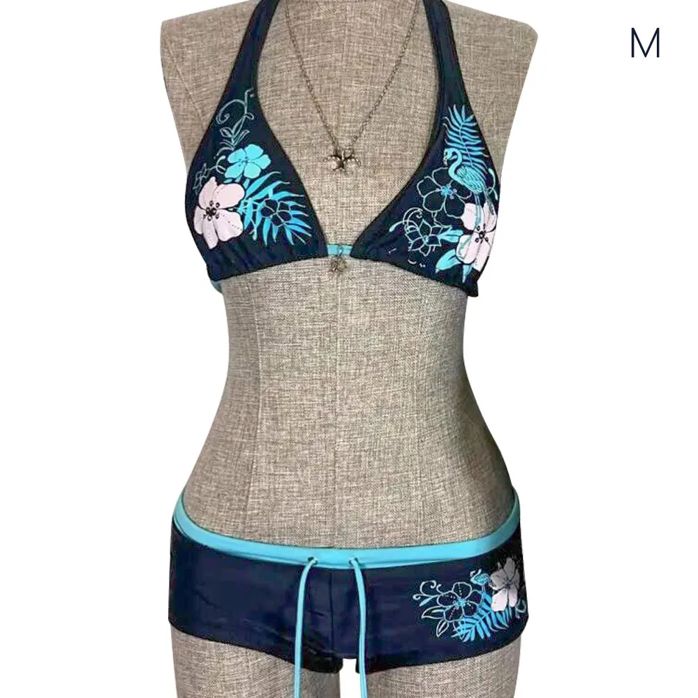 Fashion Vintage Bikini Set Flower Print Sexy Halter Strap Swimwear Low Waist Adjustable Bathing Suit Beach Wear