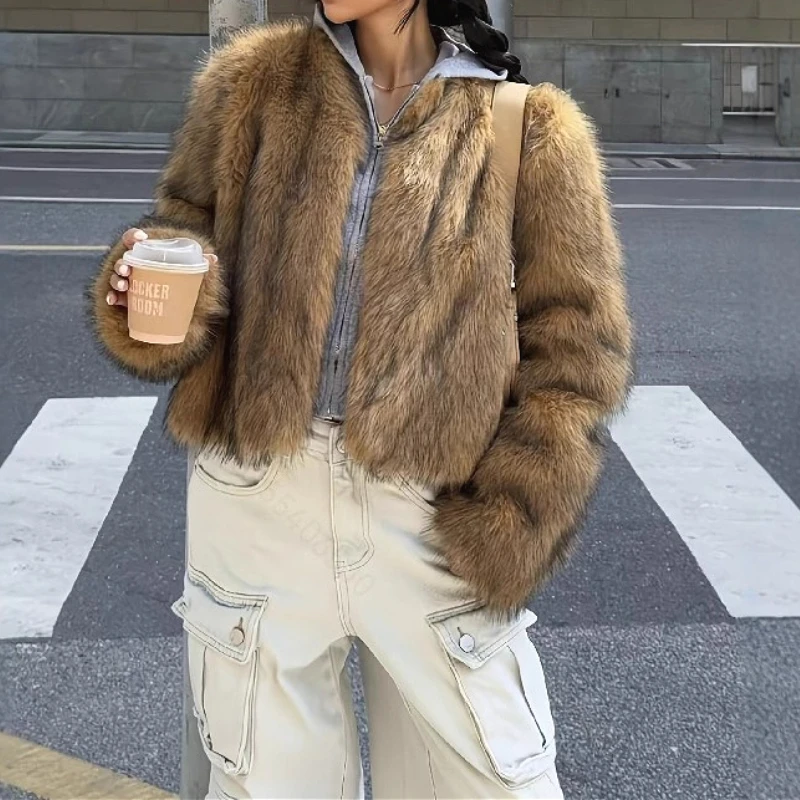 

Women Faux Fur Short Coats Jackets Turn Down Collar Coat Thick Warm Y2k Streetwear Jacket Work Outerwear Autumn Winter 2025