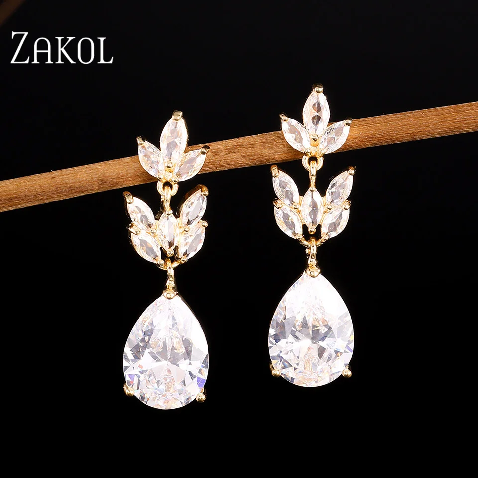 ZAKOL Hot Selling Romantic Water Drop Cubic Zircon Dangle Earrings for Women Fashion Leaf Bridal Wedding Jewelry EP012