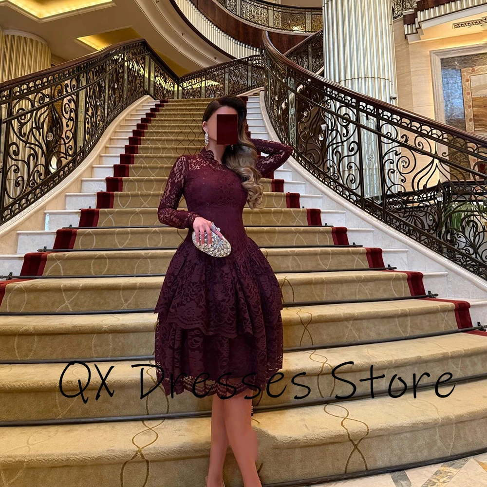 Customized Burgundy O-neck Lace Party Gown ILLUSION Full Sleeves Pleat Tiered Prom Dress Ruffles Knee Length Party Dresses image 5
