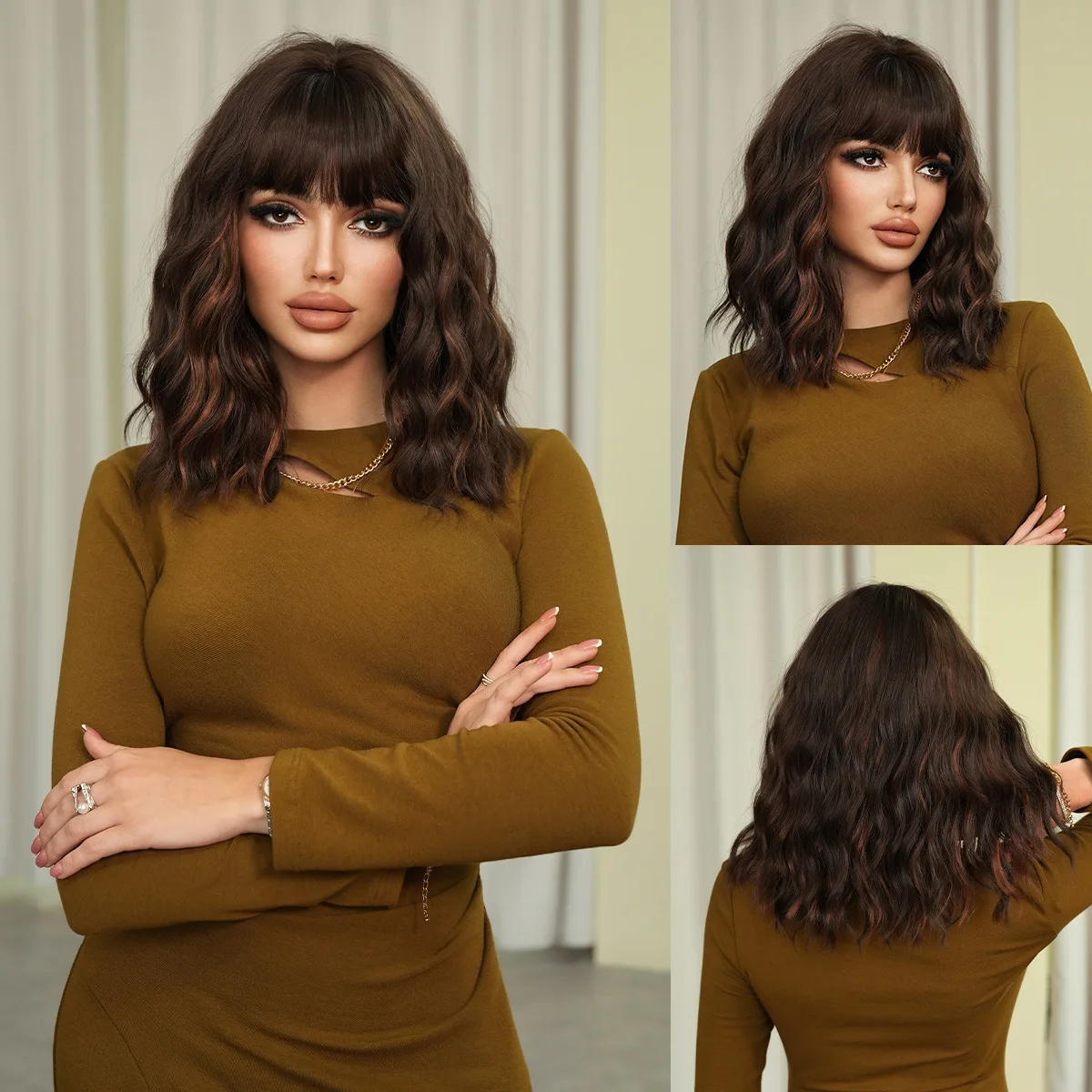 

Wig Women's Short Curly Hair European and American Style Full Head Cover Dark Black Highlights Gold Natural Qi Bangs Daily Whole