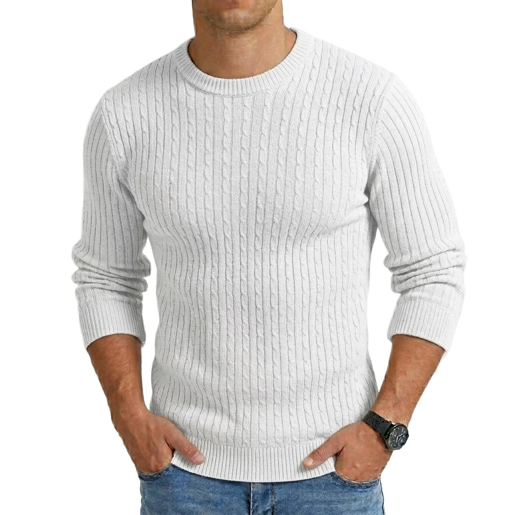 Image 4: Nouveau Pull Homme à Manches Longues Col Rond, Tricoté de Luxe à Maille Torsadée, Décontracté, pour le Travail, Printemps Automne