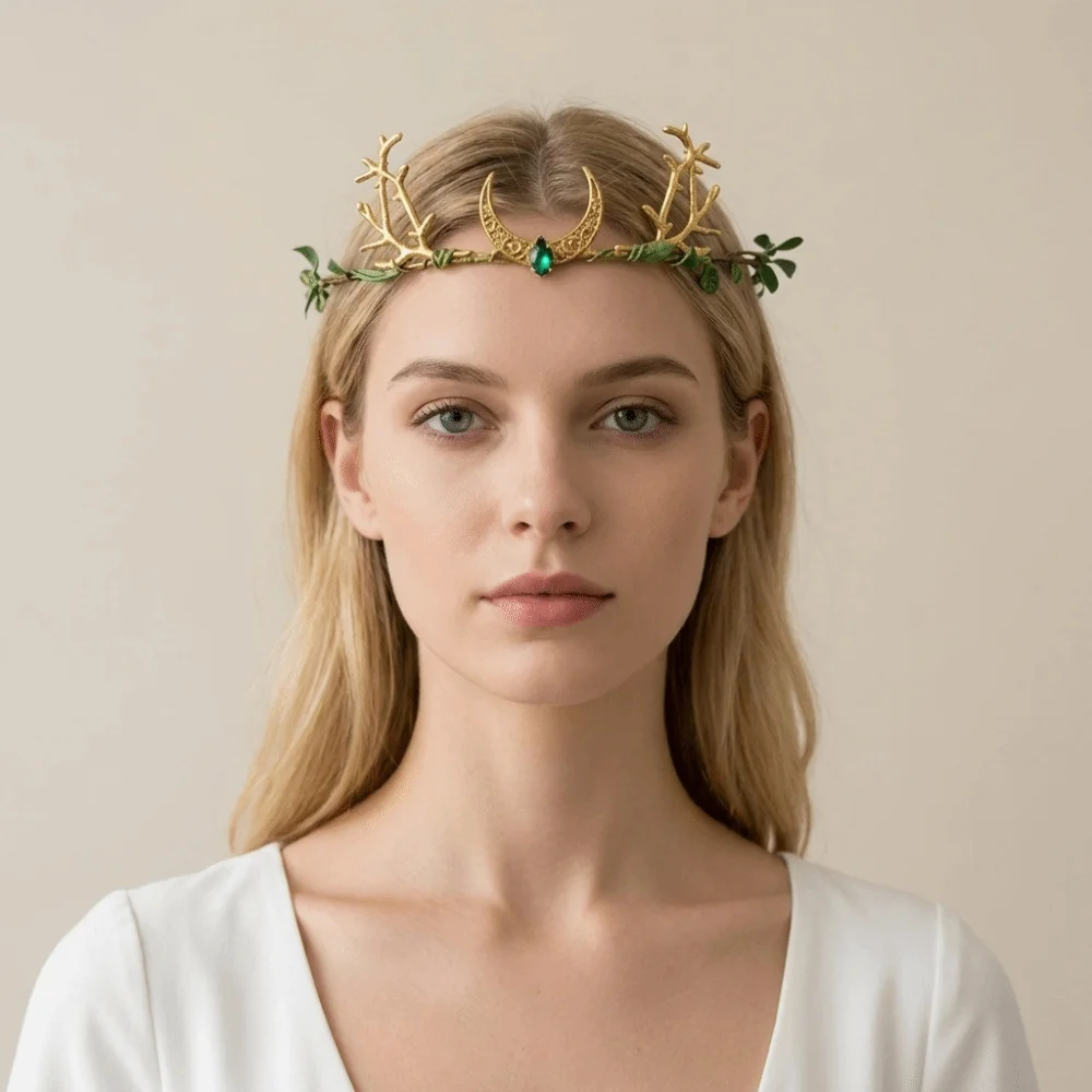 Flower Vine Elven Crown Fantasy Rhinestone Decorated Elf Tiara Head Band Simulate Tree Leaves Fairy Headpiece Hallowmas Cosplay