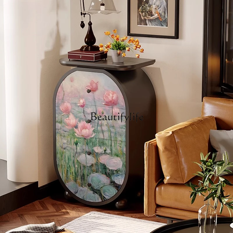 

French retro flower solid wood side cabinet integrated storage cabinet against the wall