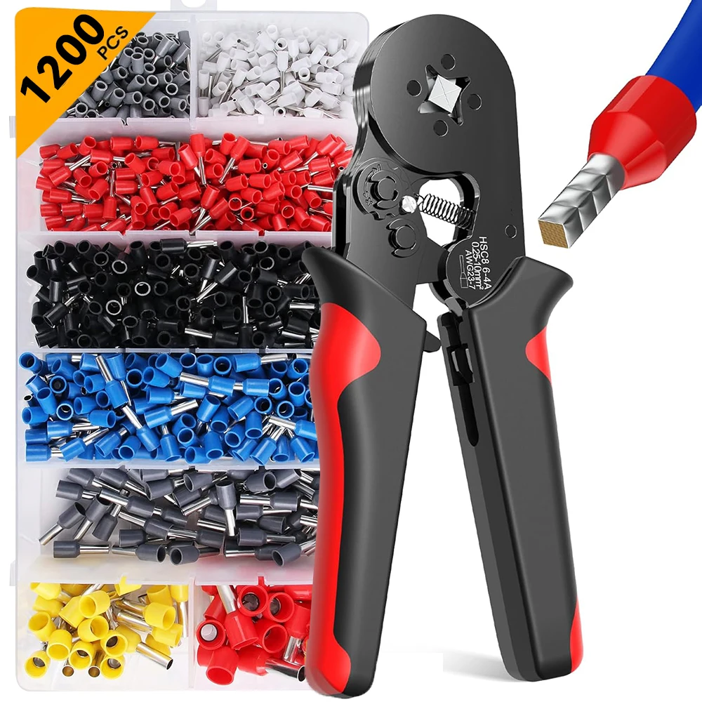 

Набор инструментов для обжима наконечников, кужимные клещи + 1200 шт. комплект наконечников для проводов, концевые клеммы для кабельных разъемов AWG 23-7, 0,25-10 мм2