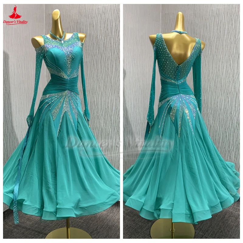 Waltz Foxtrot Tango Quickstep Outfit Customize To Female Tiffany Blue Long Sleeve Social Dance Performance and Competition Dress