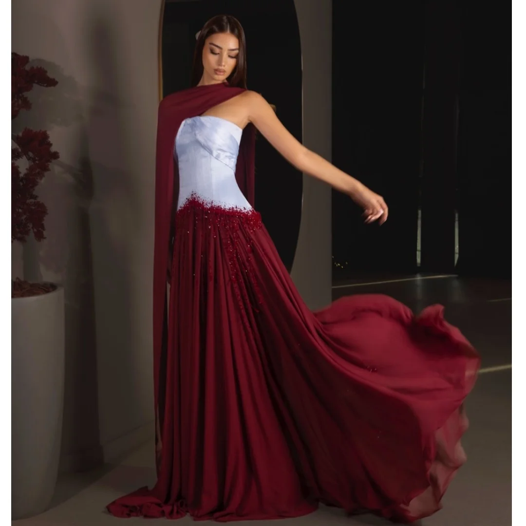 

Vintage Dark Red Evening Gowns Strapless Chiffon Women Vestido de Gala with Shawl Customized Charming Shiny Formal Prom Dresses