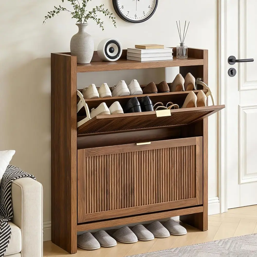 Narrow Standing Wood Shoe Rack Cabinet for Entryway, Front Door, and Hallway
