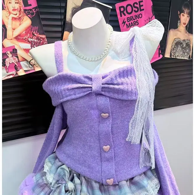 手作りオリジナルワンショルダーストラップニットセーター Y2K ふわふわケーキスカートベルベット女性の秋ファイオントップとボットセット