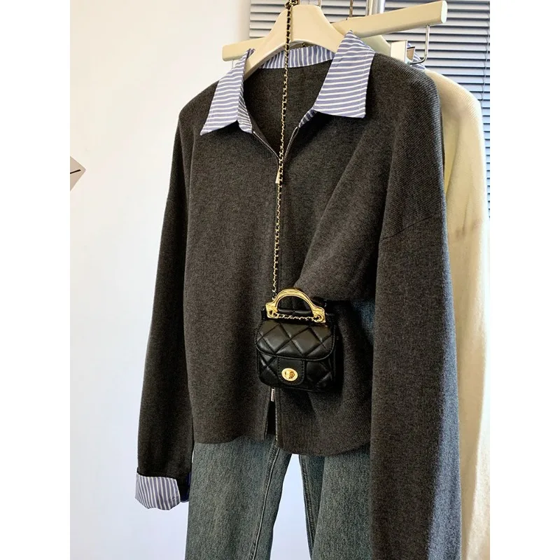 

Lapel Striped Splicing Fake Two-piece Knitted Cardigan for Women 2025 New Style Korean Style Early Autumn Wear Top