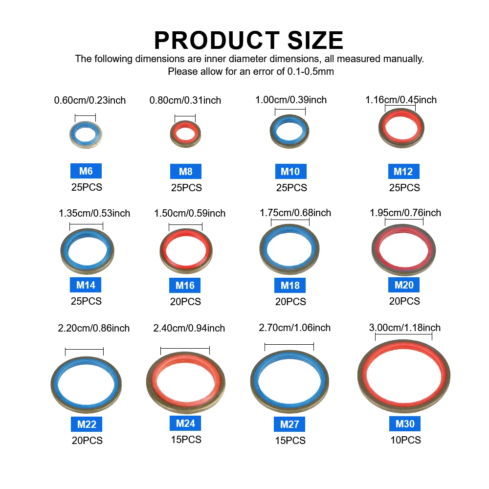 Seal Ring Assortment Kits Rubber Oil Pipe Seal Gasket 6-30mm 245PCS Multi-purpose NBR Metal High Press Hydralic