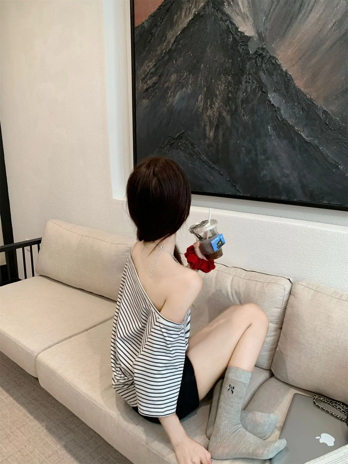 Y2K K-fashion Harajuku Sexy T shirt Tops Tees Women Slanted Shoulder Short Sleeves Stripe T-shirt Loose Beach 90S Tshirt Woman