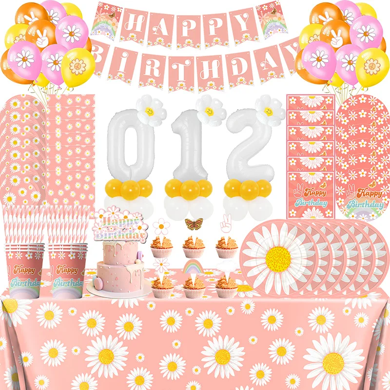 Decoración de fiesta de cumpleaños de Margarita rosa, platos de papel, vasos, servilletas, pancarta, número, globo, mantel, pajitas, suministros para fiesta de cumpleaños