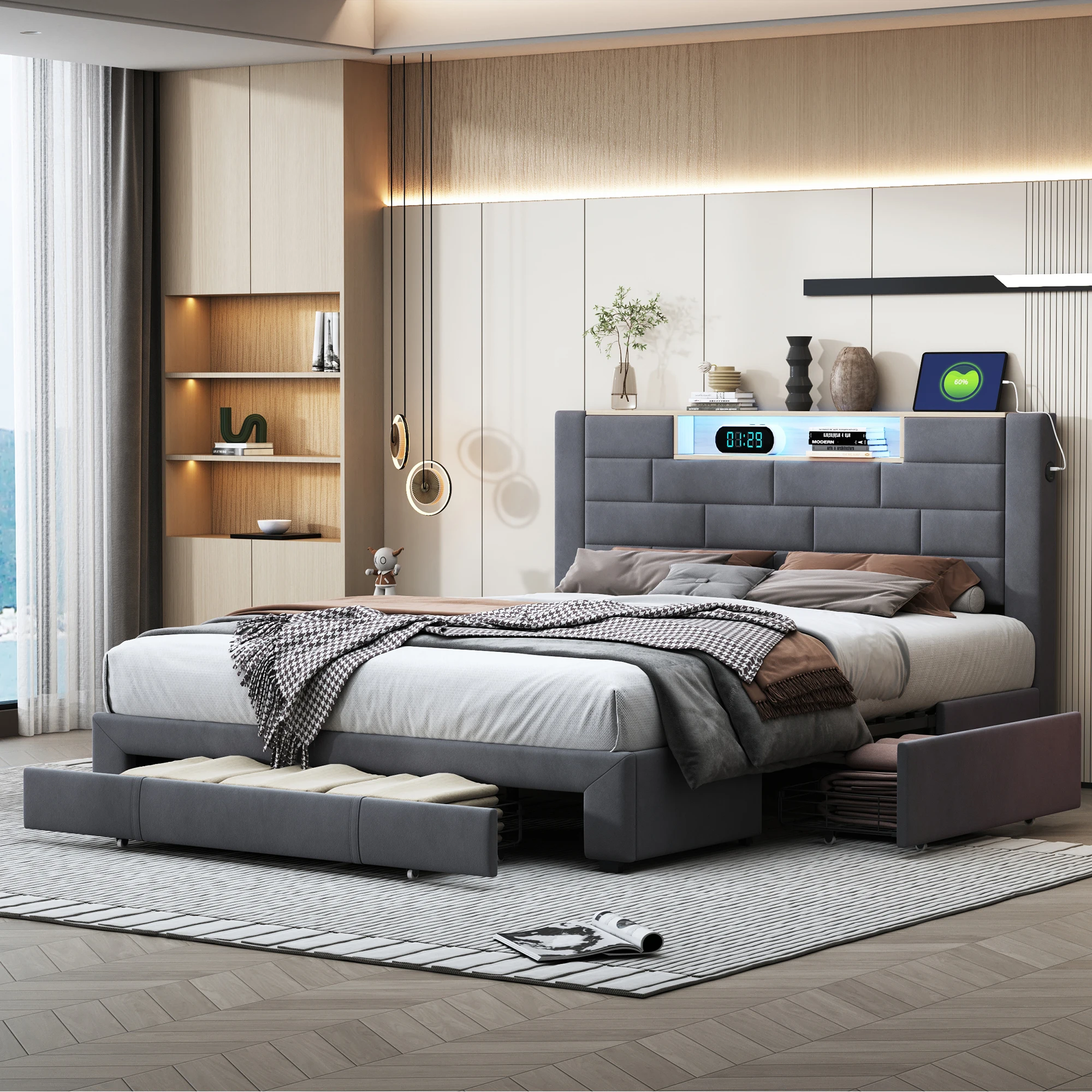 Letto matrimoniale con cassetto, letto contenitore, velluto grigio, con ricarica USB e tipo C e