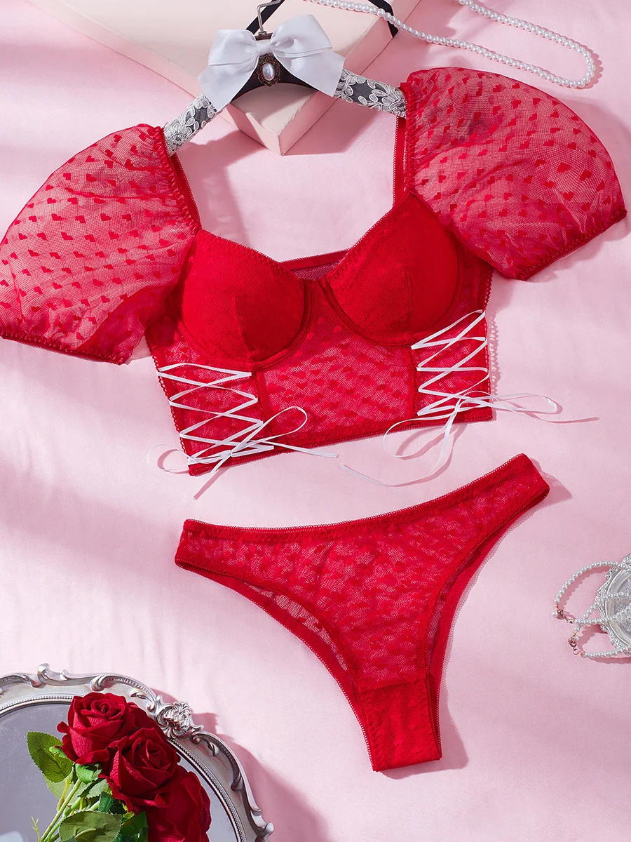 

Ele Lace Прозрачный женский комплект с высокой талией Bubble Sve Square-ne Love Heart Модный комплект из топа и трусиков