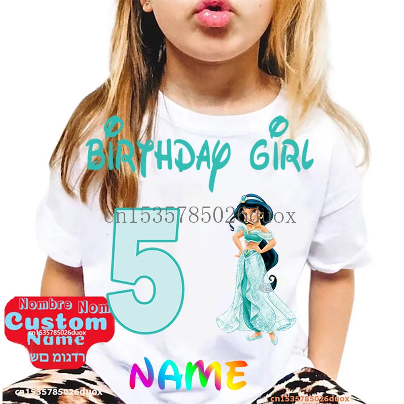 2 3 4 5 6 7 8 9 ديزني الأميرة ياسمين عيد ميلاد الملابس هدية سندريلا Kawaii فتاة تخصيص اسم الصيف قصيرة الأكمام التي شيرت