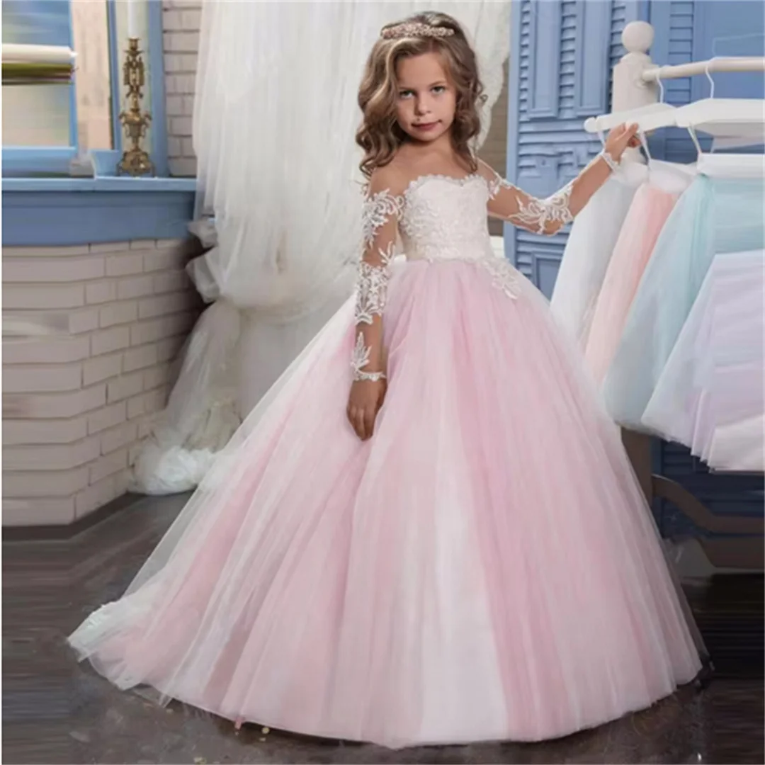 

Customized Wedding Birthday Light Pink Tulle White Flower Girl Dresses Appliques For Long Sleeve Party Holy Communion Gown