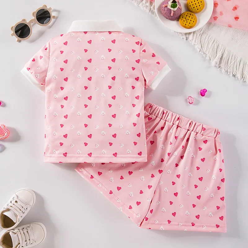 

Summer New Girls Suit Pink HeartPOLOCollar Short SleeveTT-shirt and shorts two-piece set for babies holiday outfit