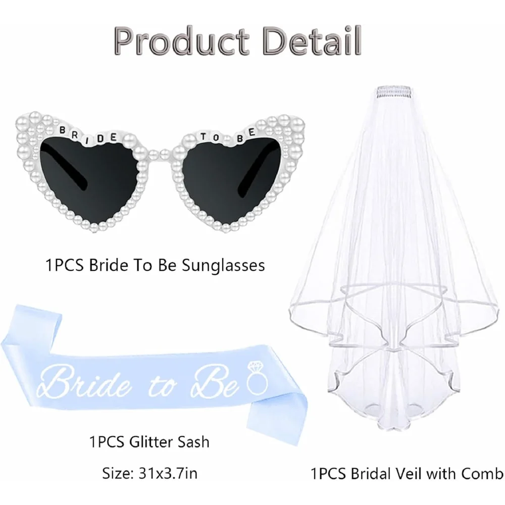 Braut-Sonnenbrille, passende Perlen-Schleife für die Braut, Schleier-Set, Accessoires für Junggesellinnenabschied, Brautparty, Verlobung – Detail 1