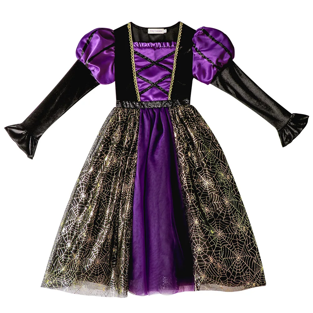 Mädchen Lila-Schwarzes Hexenkostüm mit Hut, Goldener Spinnennetz-Druck Tüllkleid 2026 Halloween-Kleidung, Fantasievolles Zauberer-Cosplay-Outfit – Detail 2