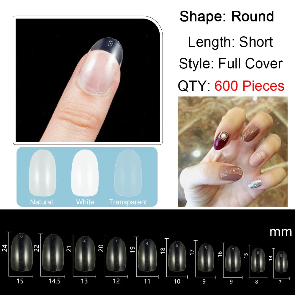 600 Pcs/pack ( with 50 Pcs Extra Nr 5, Nr 6 ) Short Round Shape False Nail Tips Acrylic Fake Nails 10 Sizes False Nails Short