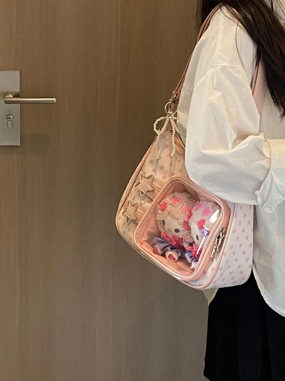 New Pink Star Pattern Y2k Aesthetic Underarm Ita Bags Streetwear Girl Transparent Shoulder Bag DIY Display Crossbody Bag