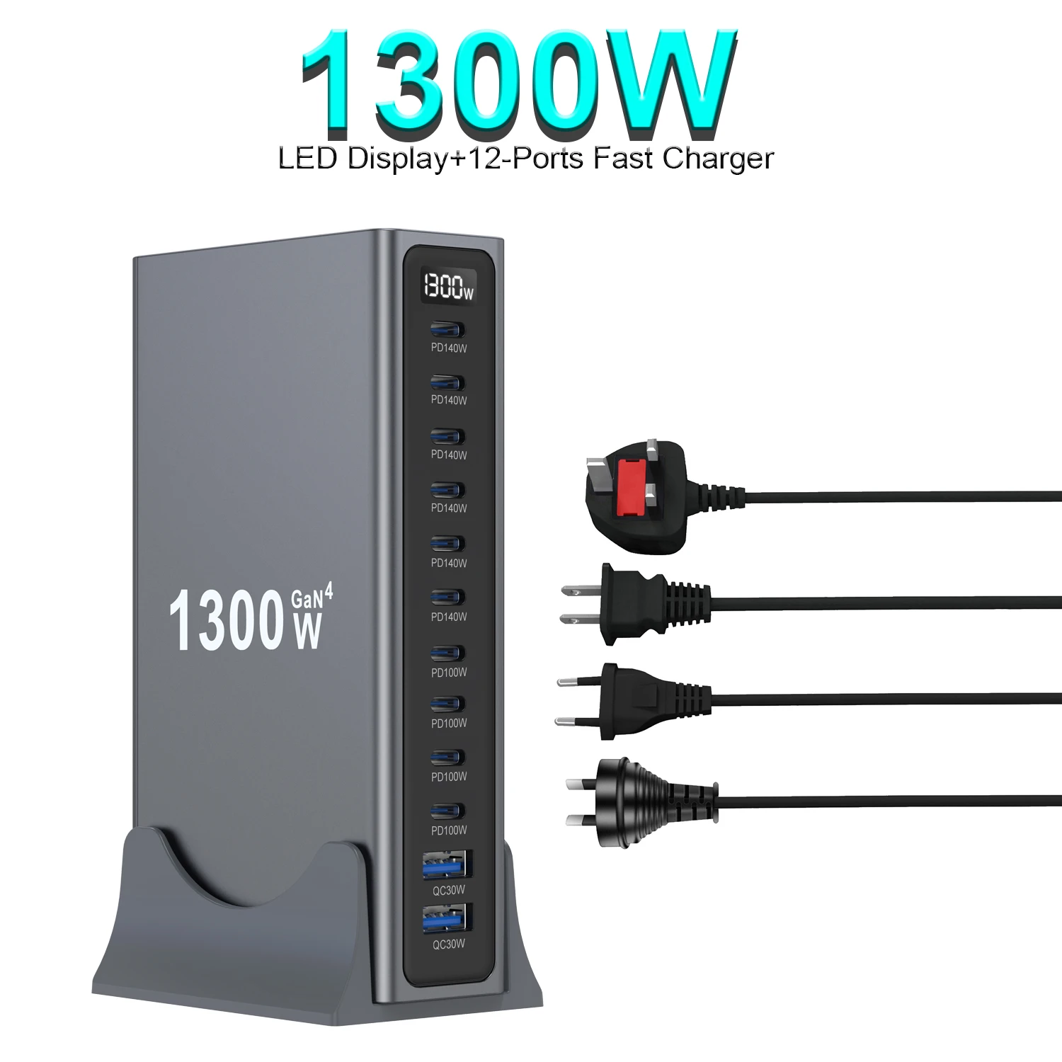 GaN 1300W Desktop Charger 12 Port 140W PD3.1 PPS USB Type C Fast Charging Station for MacBook Pro iPhone 17 16 Samsung S26 S25