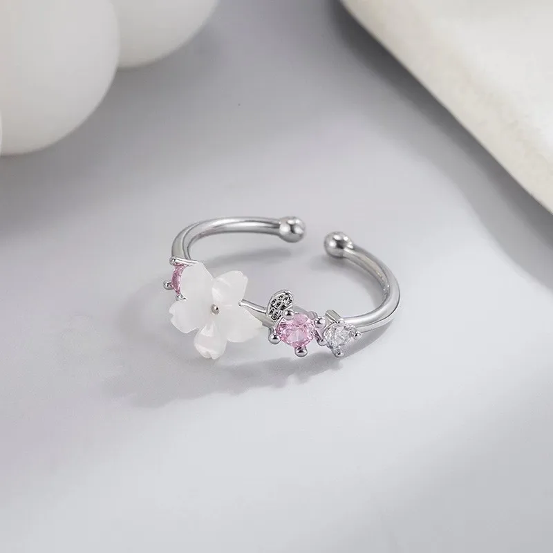 Women's Silver Color Pink Flower Shell Zircon Jewelry Set