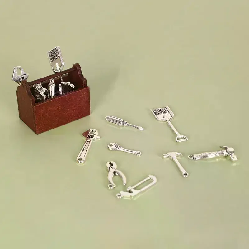Dollhouse Miniature Tool Set Metal Hammer Pliers Wrench Kit With Wooden Tool Box For Micro Scene Model DIY Decoration Accessory