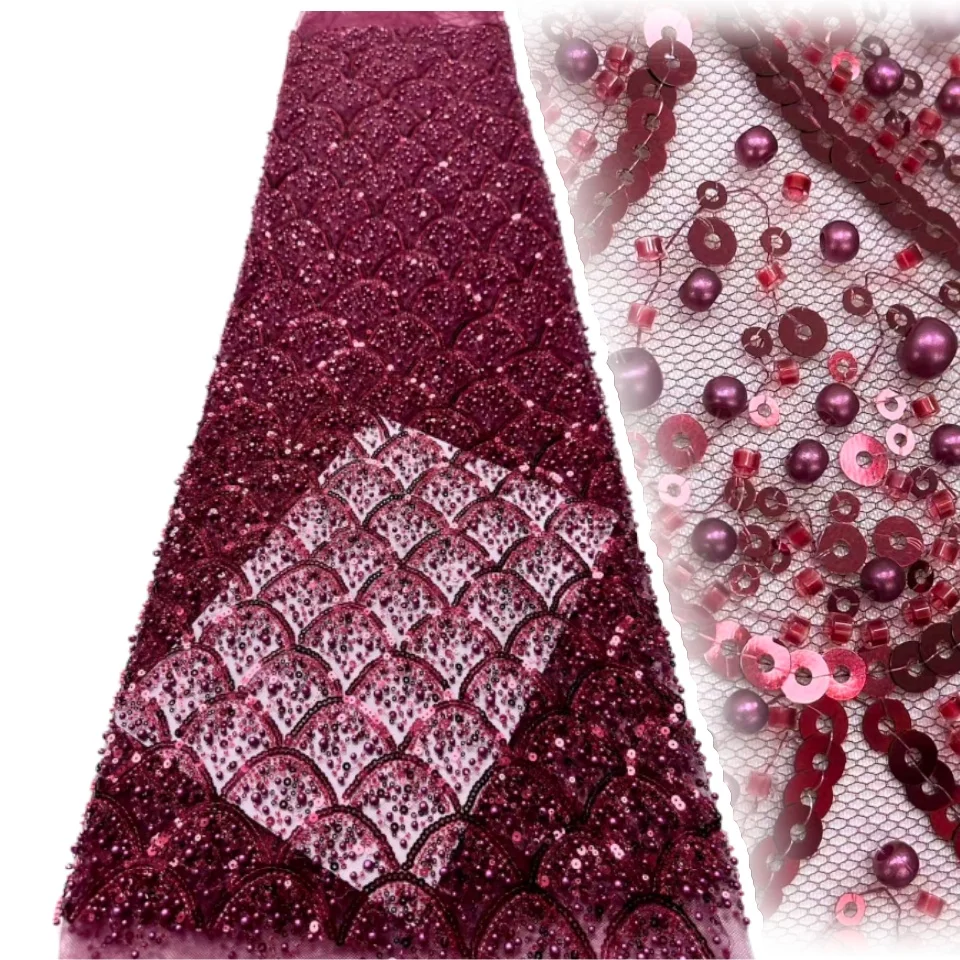 Brown African Handmade Beads Lace Fabric High Quality Nigerian Sequins French Tulle Fabric Material For Wedding Dress TP1651