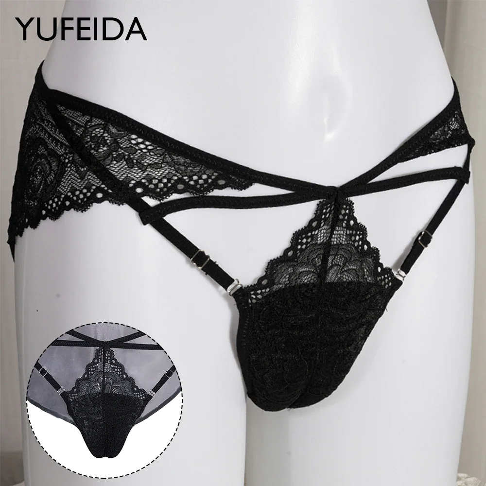 YUFEIDA Camel Toe Panties Transgender Crossdresser Men Briefs Underwear Sissy Hiding Gaff Fake Vagina Sexy Lace Sheer Underpants