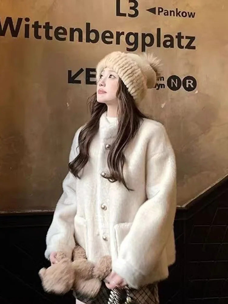 Cute Faux Fox Coat Women Winter Sweet Long Sleeve Stand Collar Jacket Fashion Pockets Korean Single Breasted Elegant Outwear Top