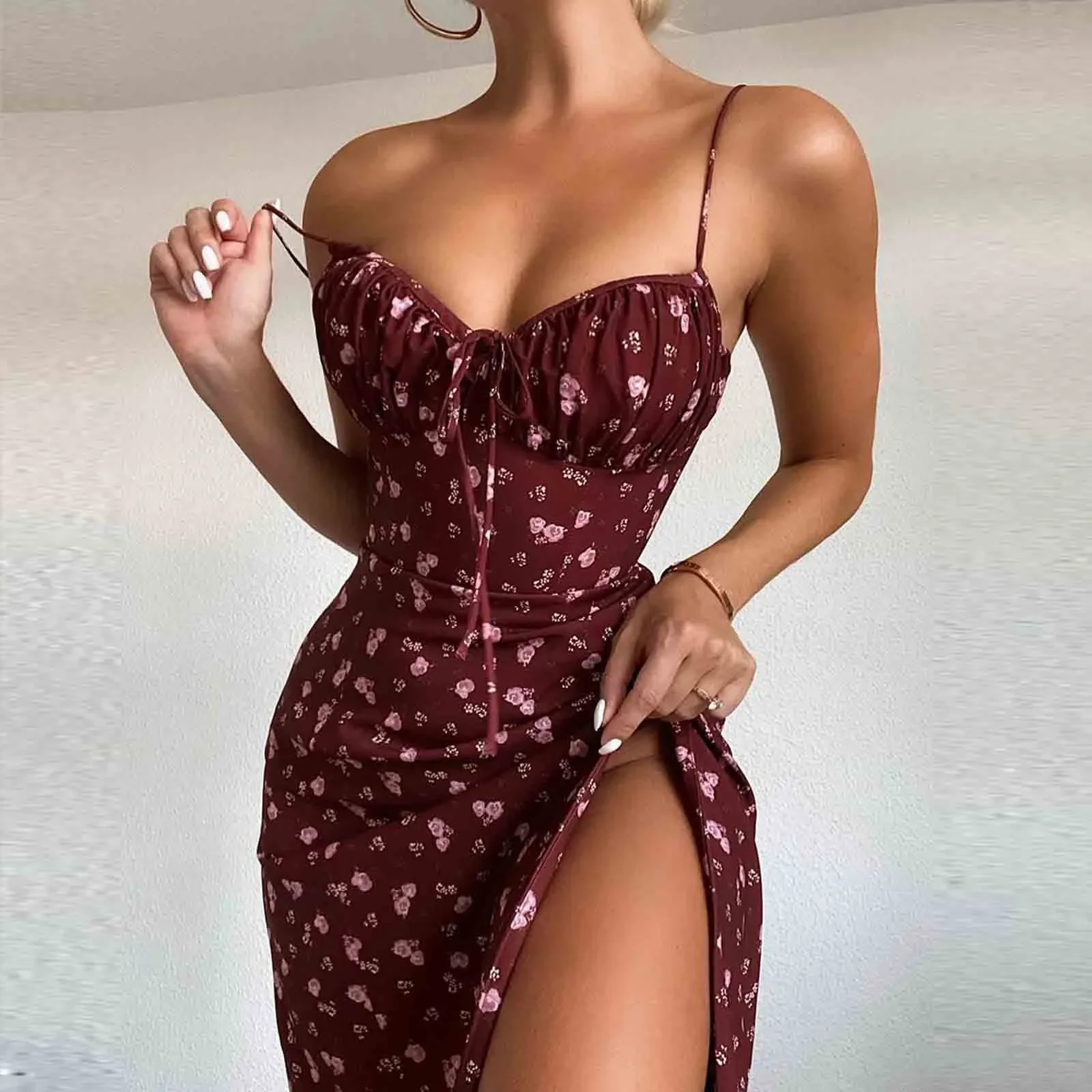 

2025 Summer New Elegant Classy Flower Print Spaghetti Straps Dresses Women Camisole Deep V Neck Suspender Dress Female Clothing