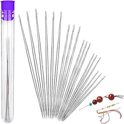 18 Pcs 6 Sizes Stainless Steel Bead Needle Sewing Big Eye Needles for Collapsible Embroidery Beading Needle with Needle Bottle
