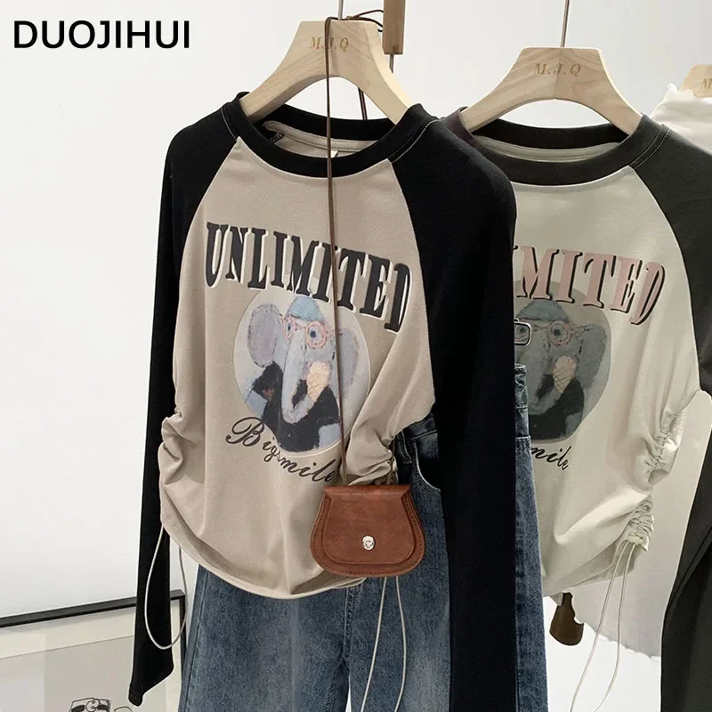 DUOJIHUI Korean Spell Color Chic Printed Slim Waist Female T-shirts Autumn New Simple Casual Long Sleeves Fashion Women T-shirts