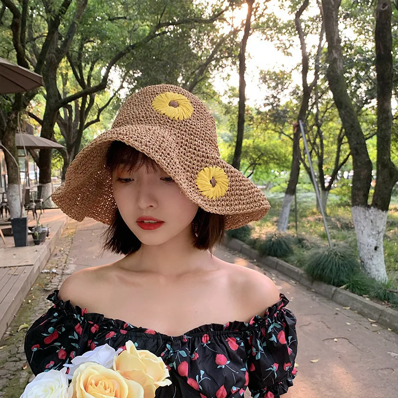 

Custom Hat Women Summer Sunshade Japanese Style Sunflower Straw Hat Beach Fisherman Hat Trendy