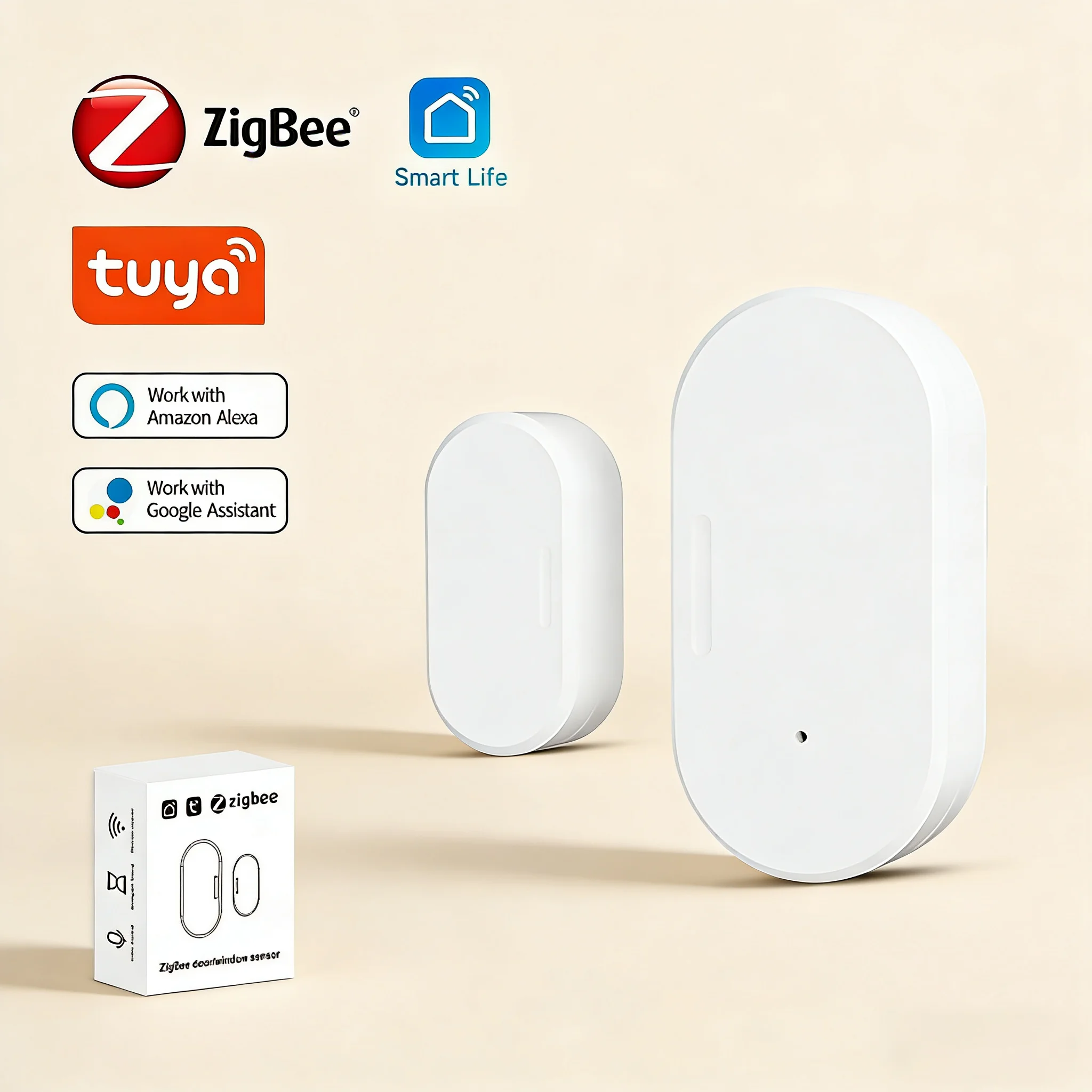 Tuya Zigbee Door Window Contact Sensor, Smart Home Security Alarm, Smart Life APP Control, Compatible with Alexa Google Z2M