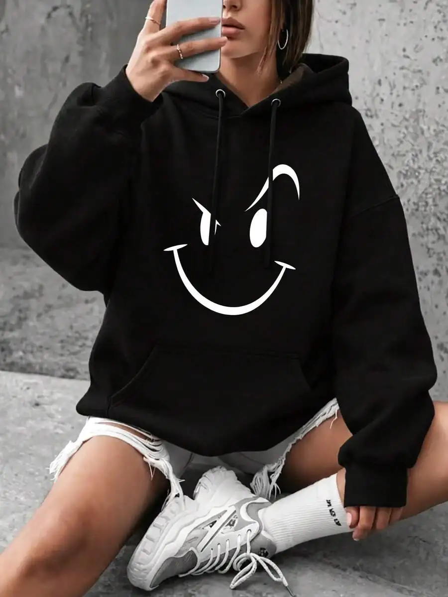 Women's Fall & Winter Graphic Print Hoodie, Smileing Face Print Fleece-Lined Pumpkin Patch Outfits, Daily Hooded Top