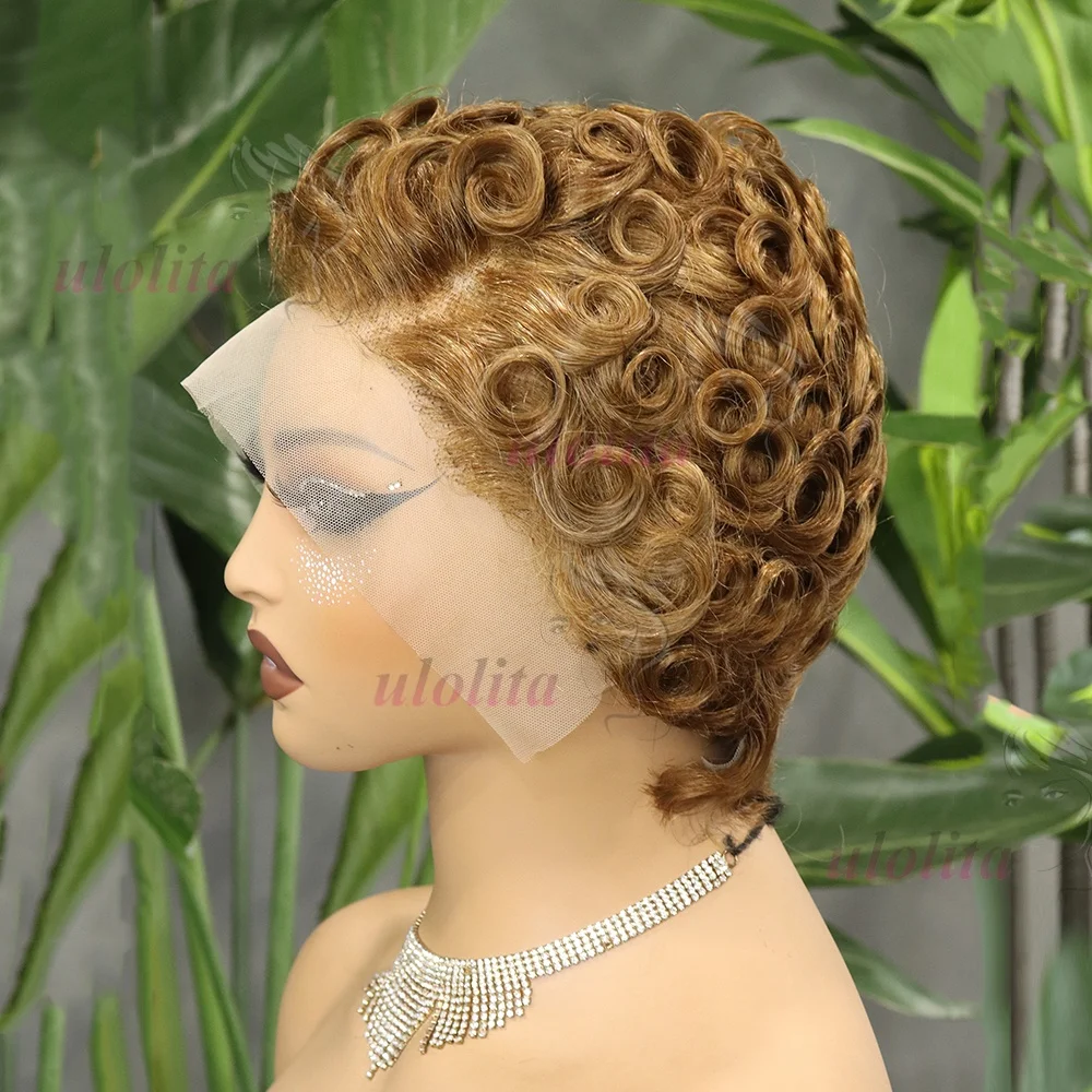 Braune kurze lockige Pixie-Cut-Perücke mit 13x4 Lace-Front aus Remy-Echthaar für Frauen, Schokoladenbraun 4 # Wellige, geschichtete, kleberlose Perücken mit Pony – Detail 9