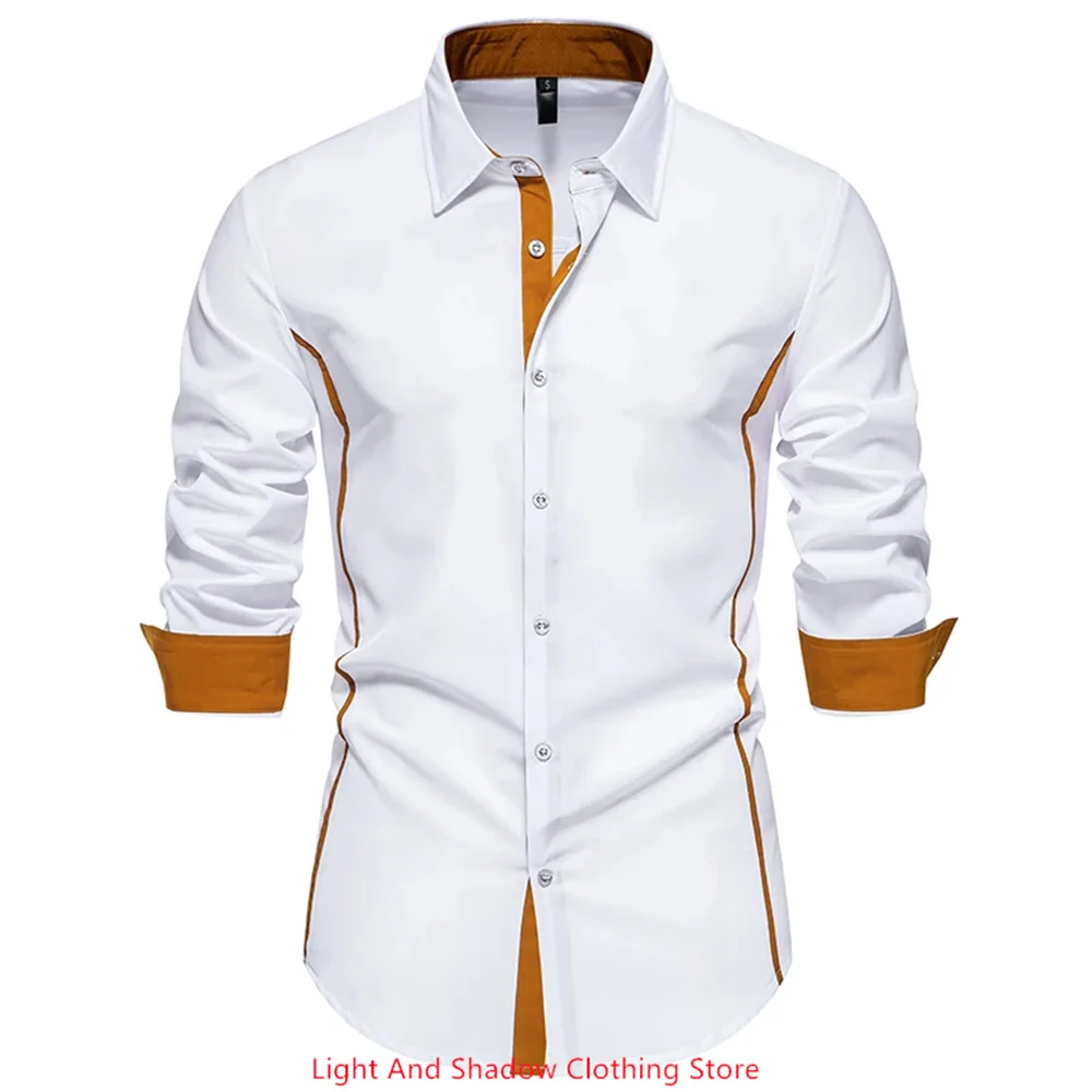 Men's Long Sleeved Fashionable Lapel Button up Cardigan Solid Color Patchwork Printed Business Casual Shirt