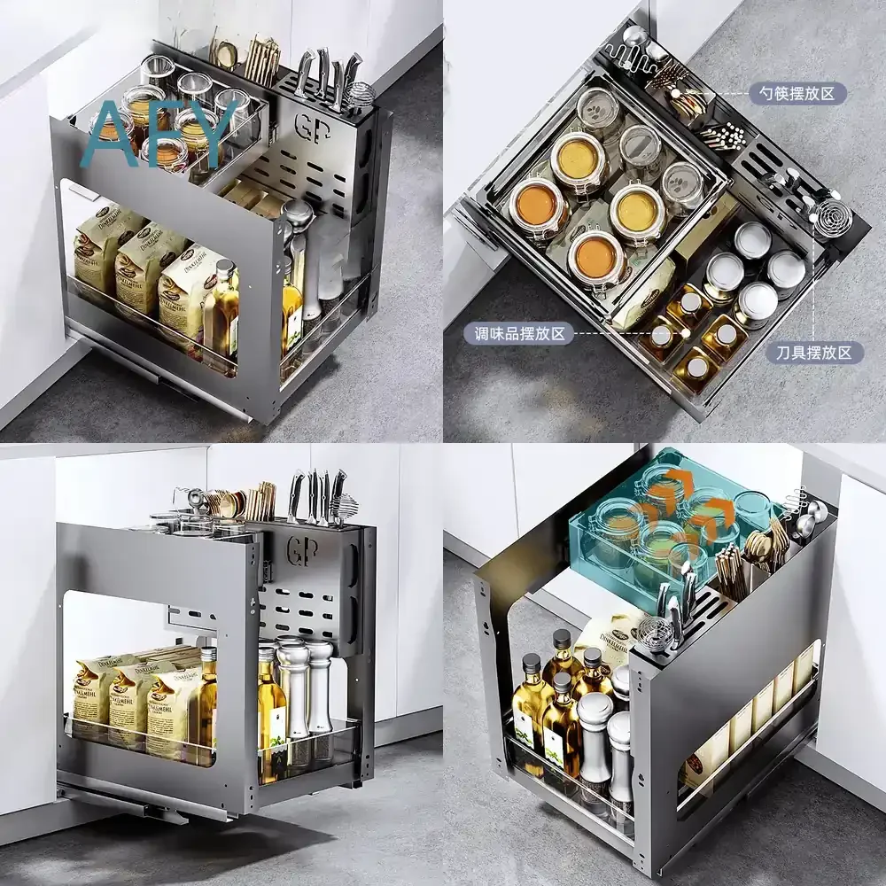 Seasoning Basket for Drawer Type Tempered Glass Drawer Aluminum Alloy Pull Out Spice Rack Organizer Kitchen Storage Shelf