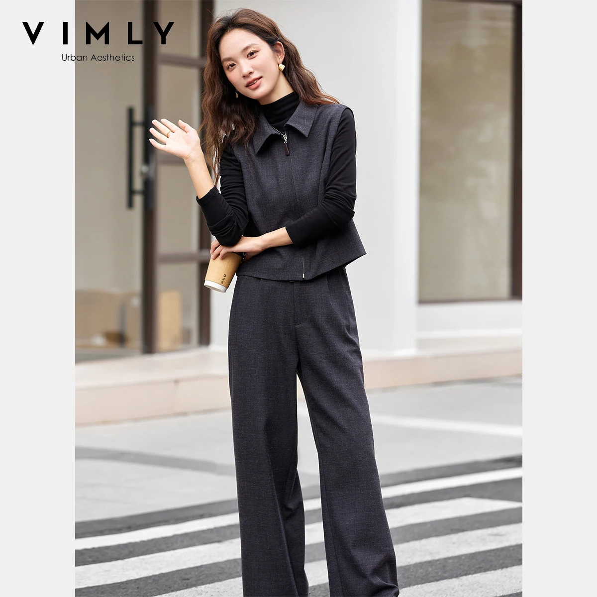 

VIMLY Серый женский комплект из 2 предметов и брюк Vintage Fall 2025 Жилет-поло на молнии с широкими штанинами и длинными брюками Женские комплекты брюк A2776