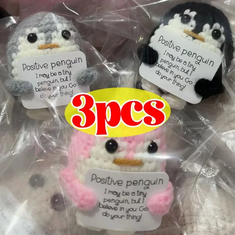 Positive Energy Penguin Hug Pocket Mini Handmade Plush Wool Knitting Doll with Card Funny Birthday Gifts Home Room Decoration