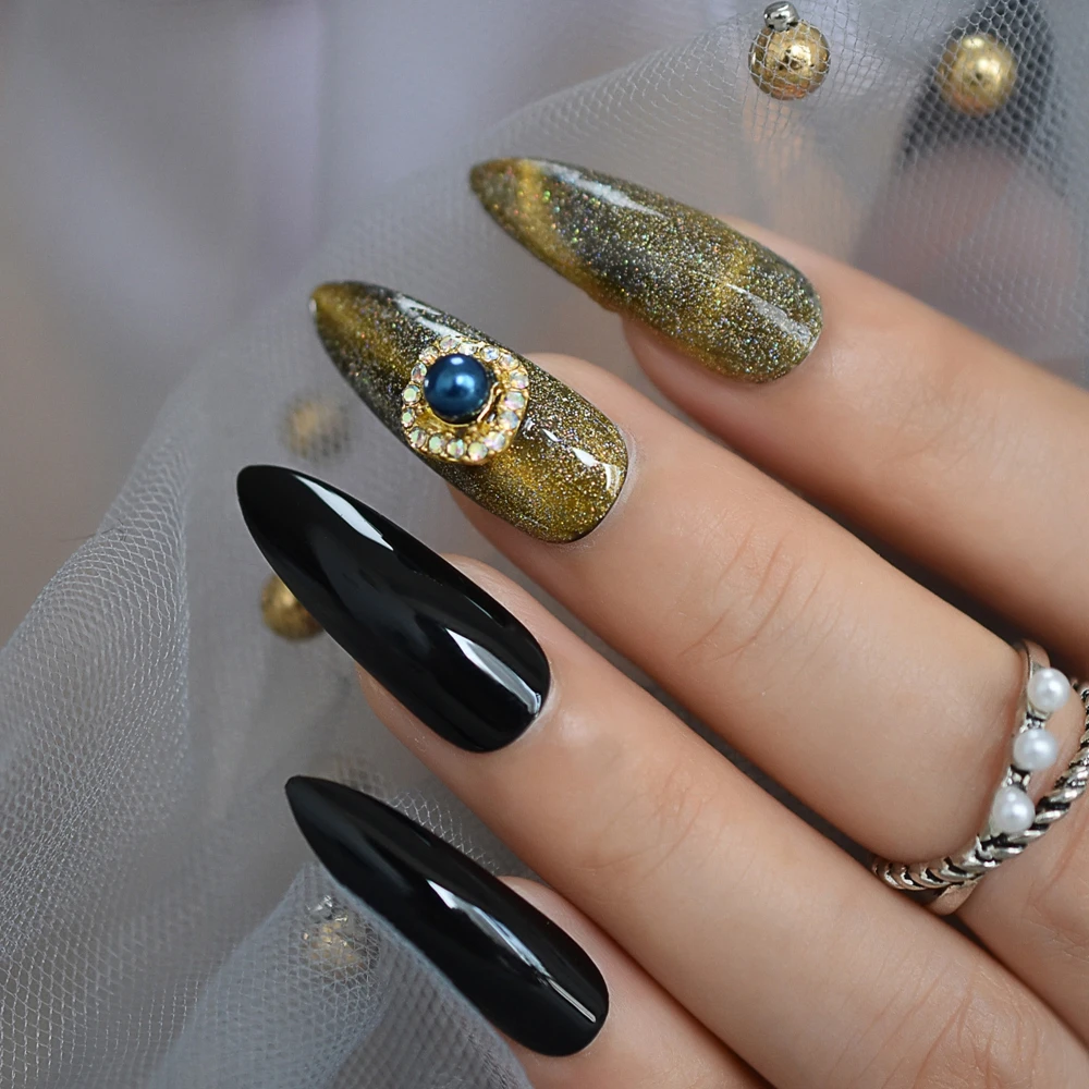 Fashion Cat Eye 3D Luxe Jewelry Gems Stiletto False Fake Nails Extra Long Press on Party Finger Wear Star Shimmer Starry Style