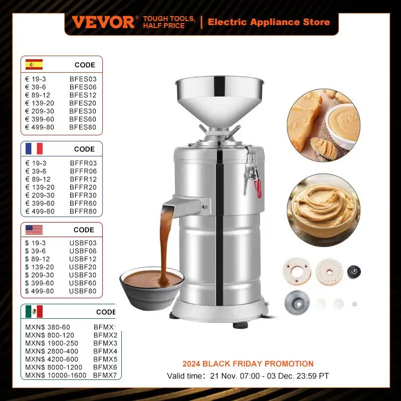 VEVOR 15Kg/H Peanut Butter Maker 1100W Electric Commercial Walnuts Nuts Stuff Grinding Miller Home Almond Sesame Pulping Machine