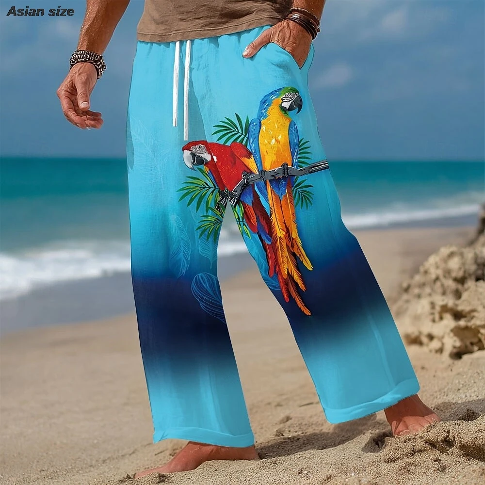 2026 Men's Animal Coconut Tree Parrot Trousers Baggy Pants Casual Pants Mid Waist Hawaiian Outdoor Vacation Beach Wear Pants