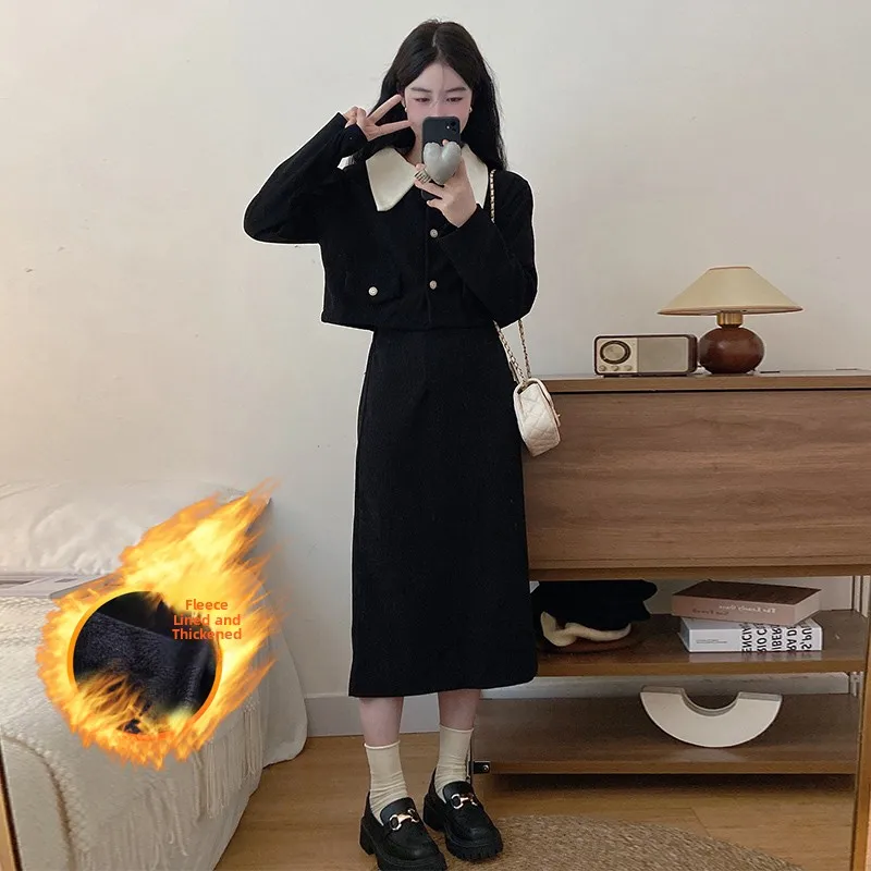 

Черный комплект с длинной юбкой в стиле Rich Girl: костюм-двойка для осени и зимы, модный корейский драматический стиль, комплект из топа и юбки в стиле Small Fragrance Wind